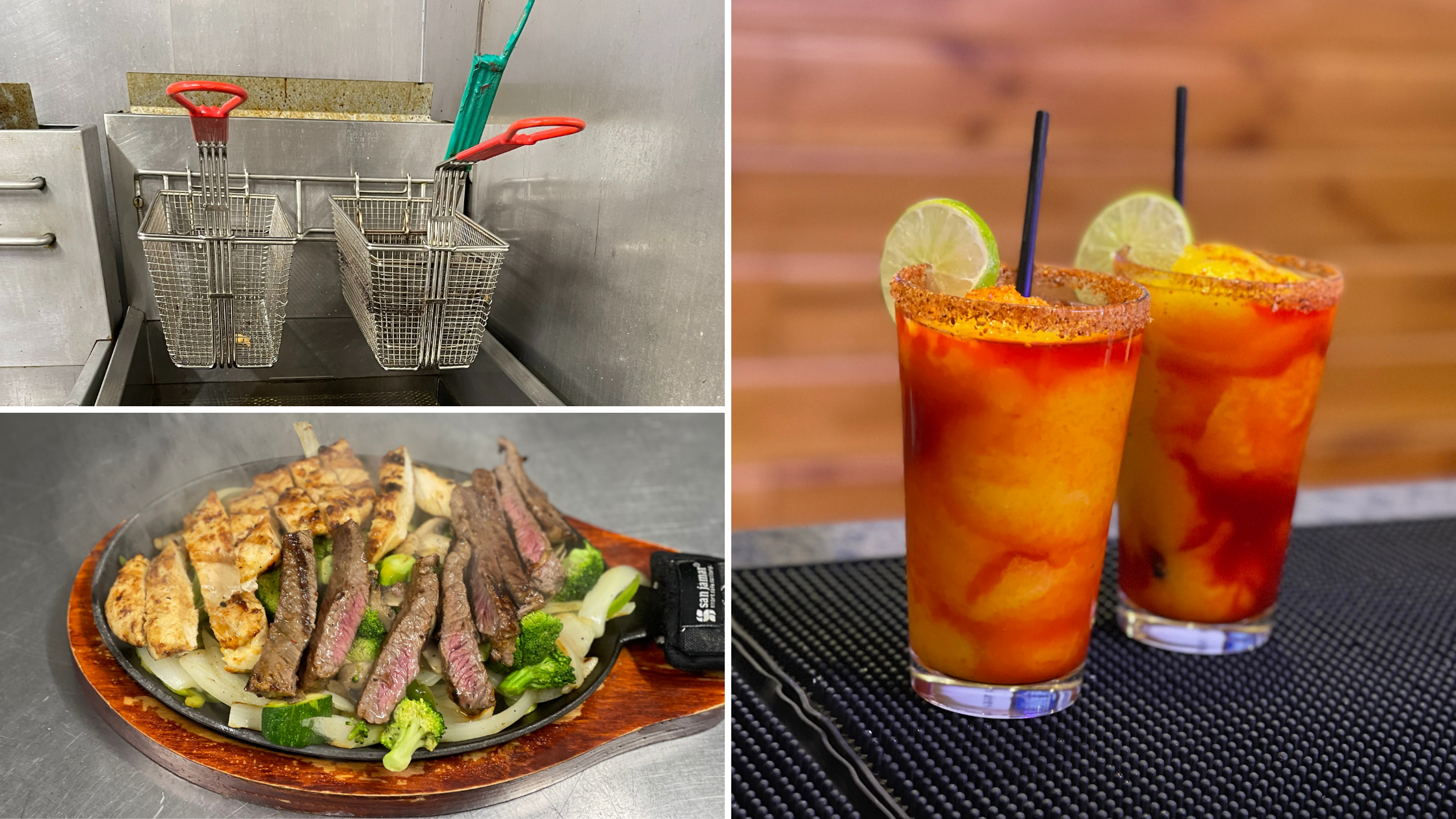 La Chiva Loka's new fryer, a fajita dish, and two margaritas.