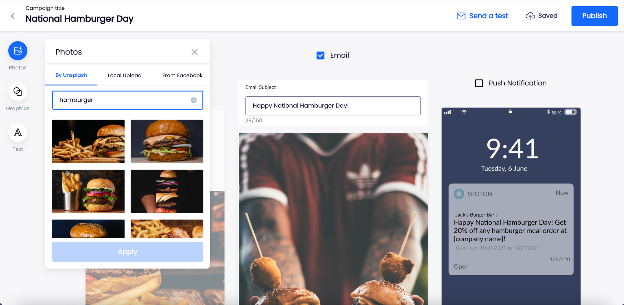 Stock hamburger images to choose from in SpotOn Marketing email marketing platform