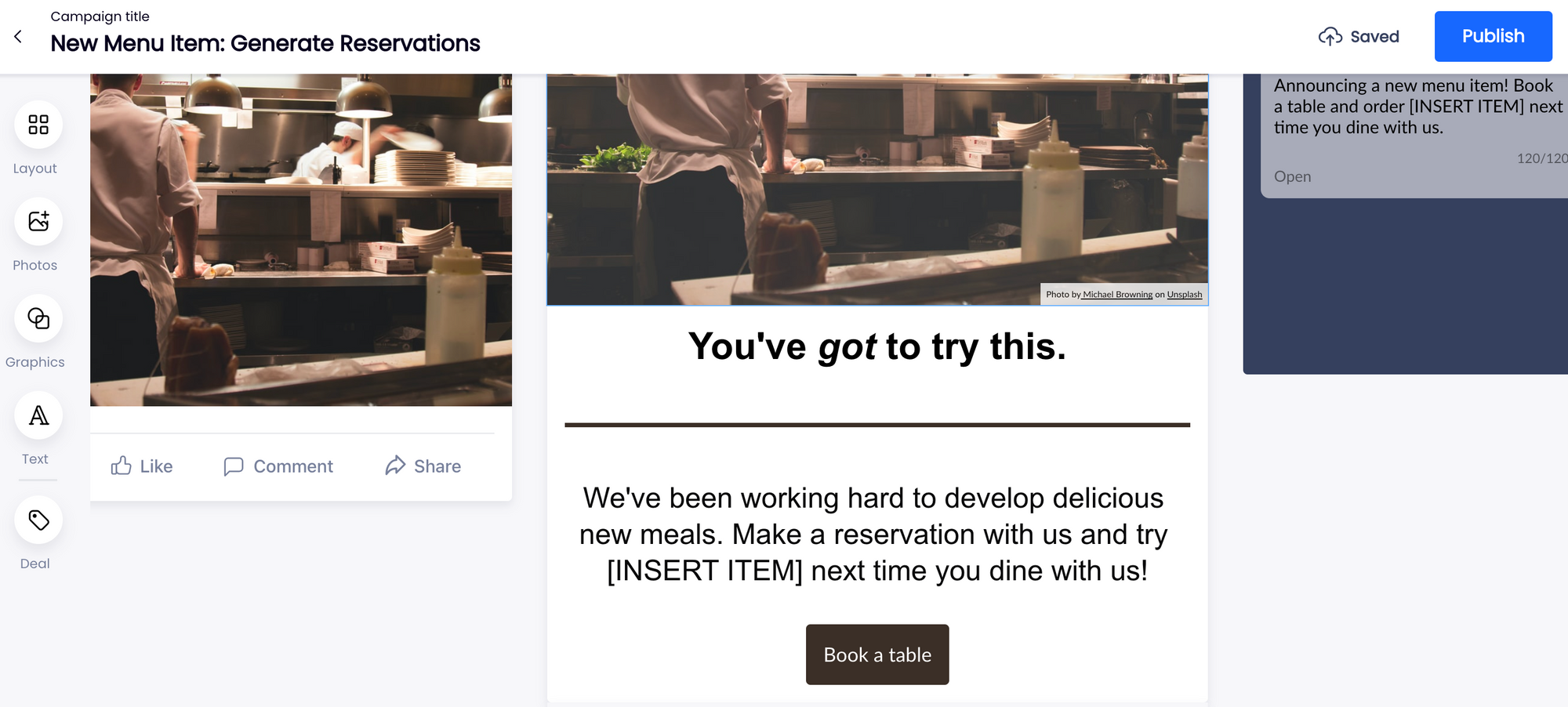 A preview of marketing email in the SpotOn Marketing platform with a "Book a table" CTA button.