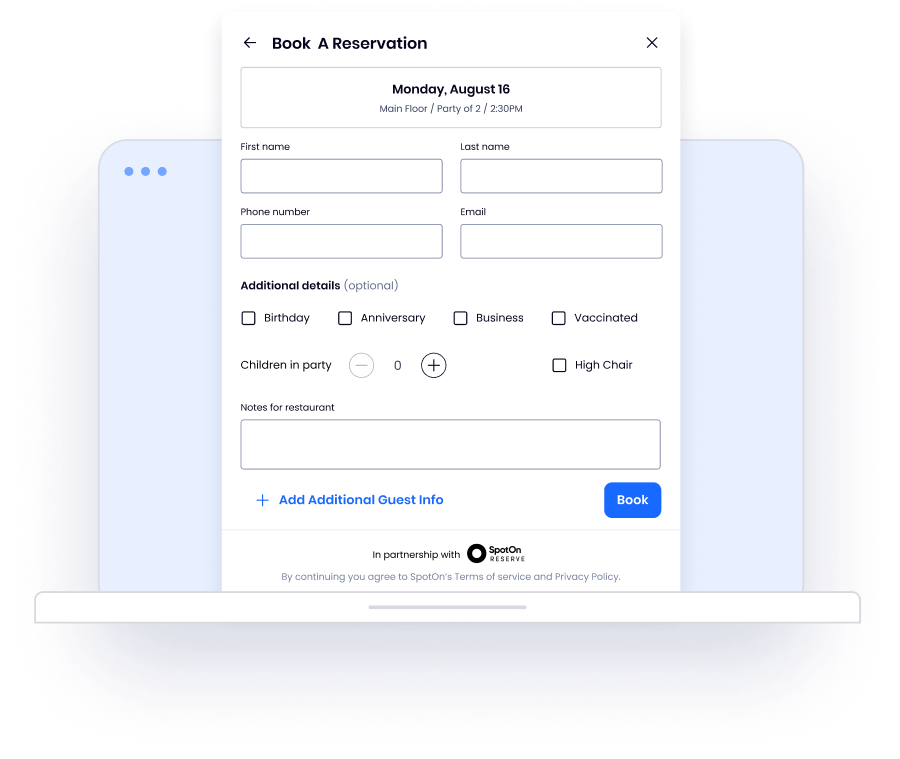 SpotOn Reserve reservation form on a webpage.