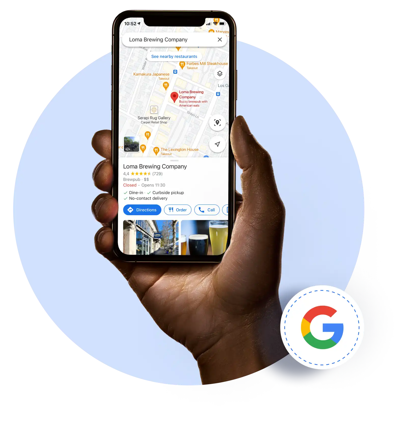A hand holding an iPhone showing the Loma Brewing Company profile on Google Maps.