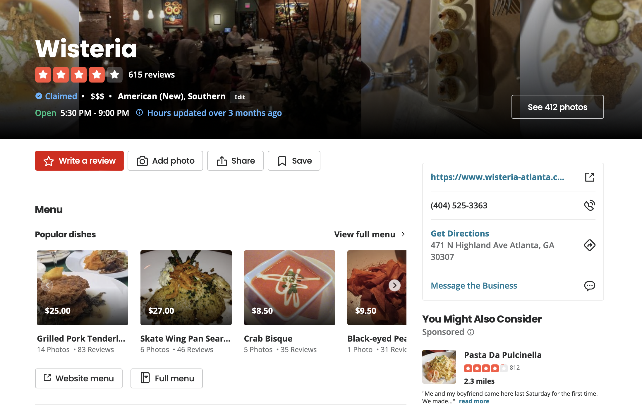 Yelp webpage for Wisteria restaurant, with images of food and different reviews.