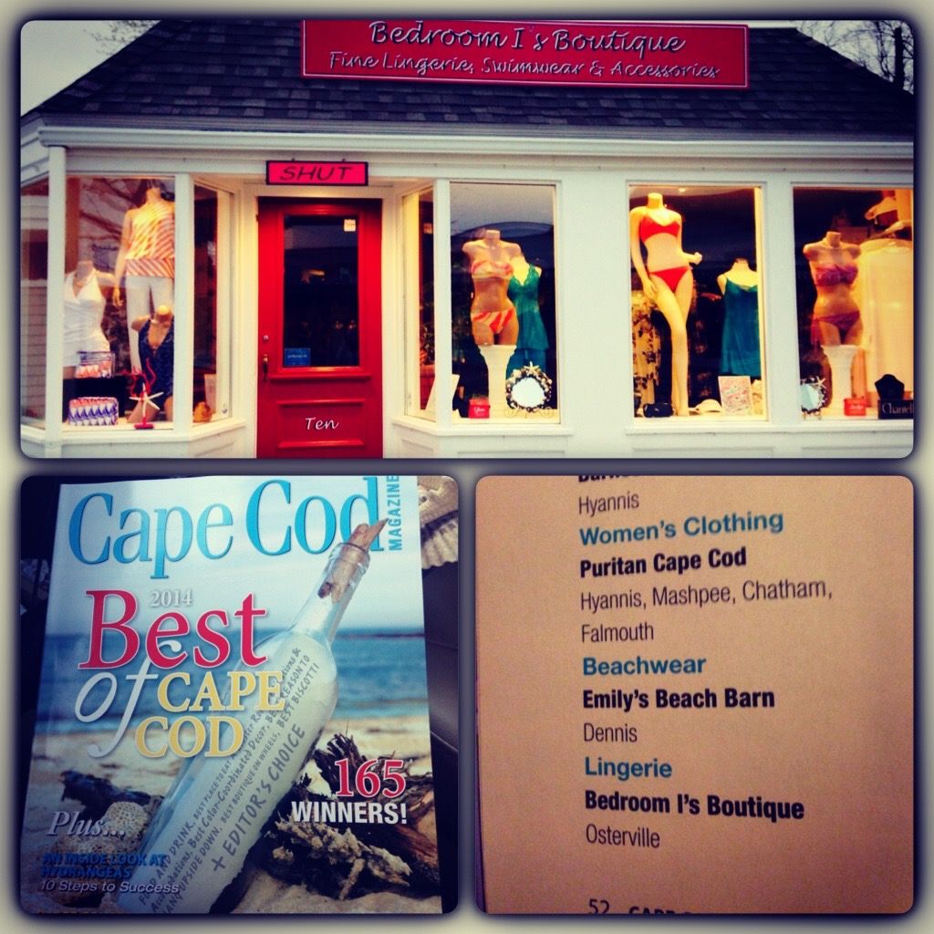 One image with a store front, another image of a magazine from Cape Cod, and a third photo with a list on award winners.