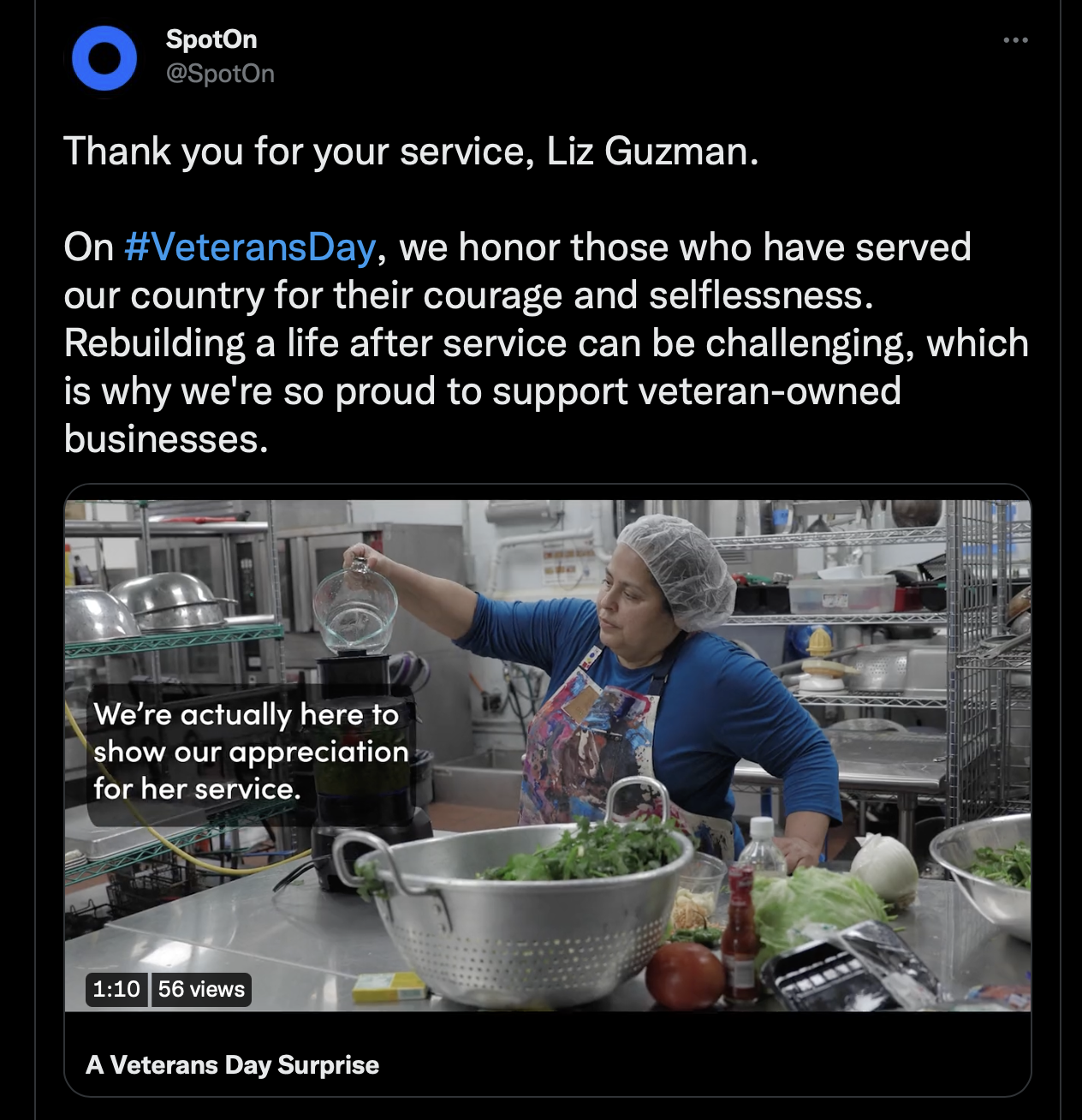 Screenshot of a Twitter Post with text surrounding Veterans Day, and an image of a chef preparing a meal in a kitchen.