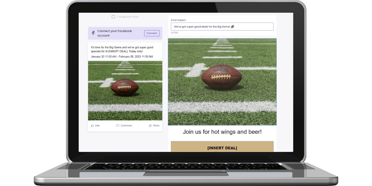 Football marketing templates for a social media post and an email displayed on a laptop