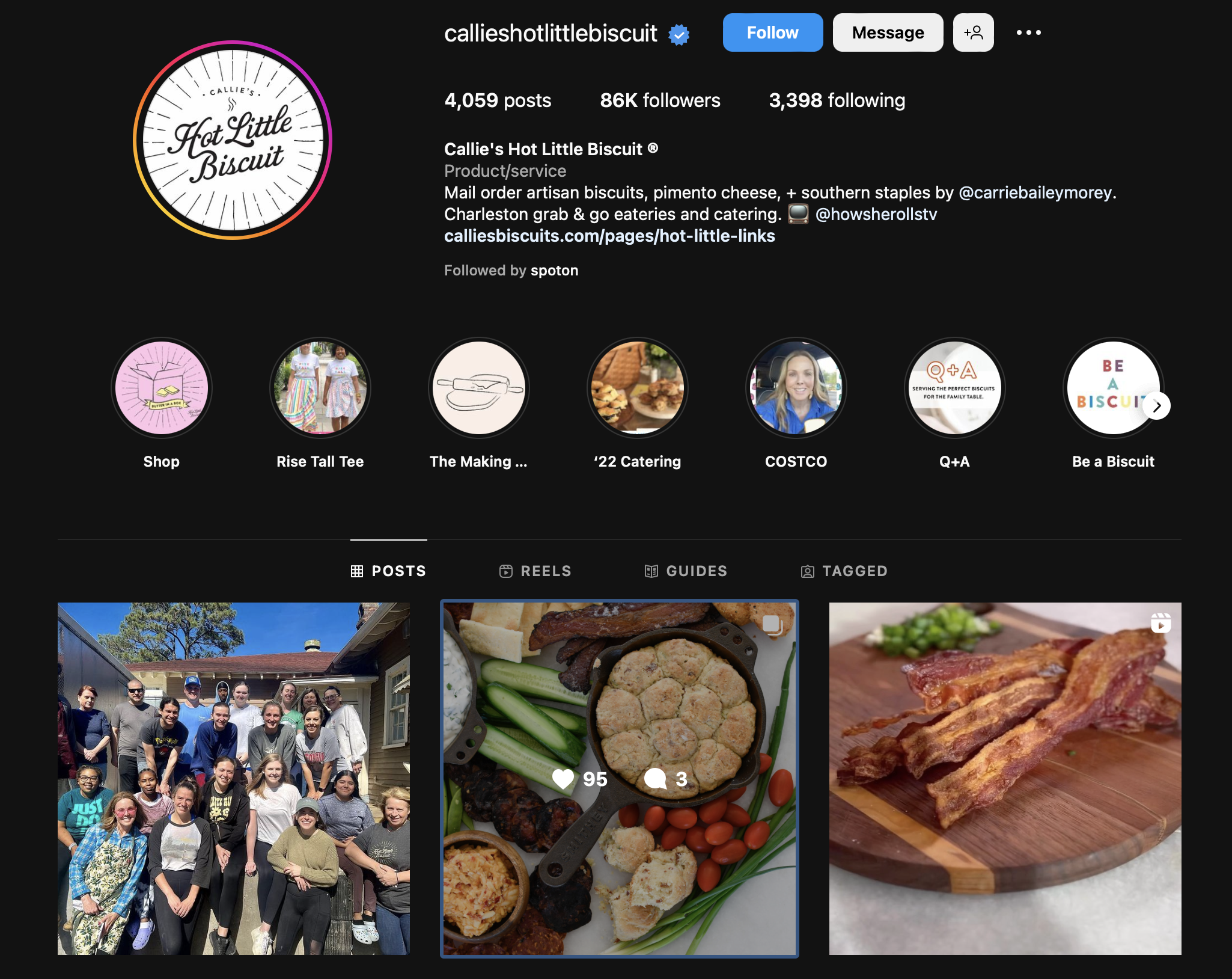 Screenshot of "Callie's Hot Little Biscuit" Instagram, with smaller photos of their food and staff.