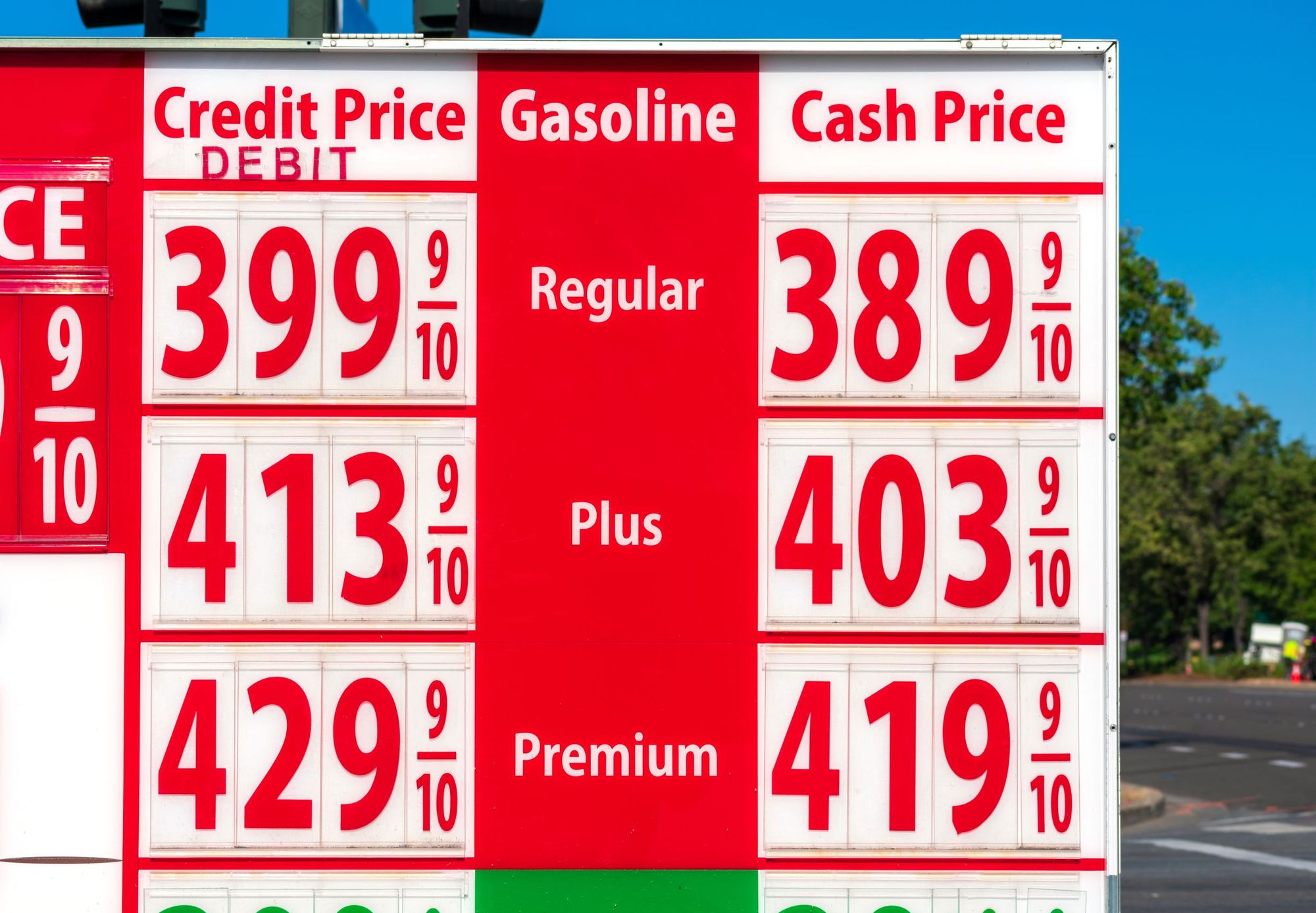 An example of dual pricing / cash discounting: a gas station sign with both credit prices and cash prices 