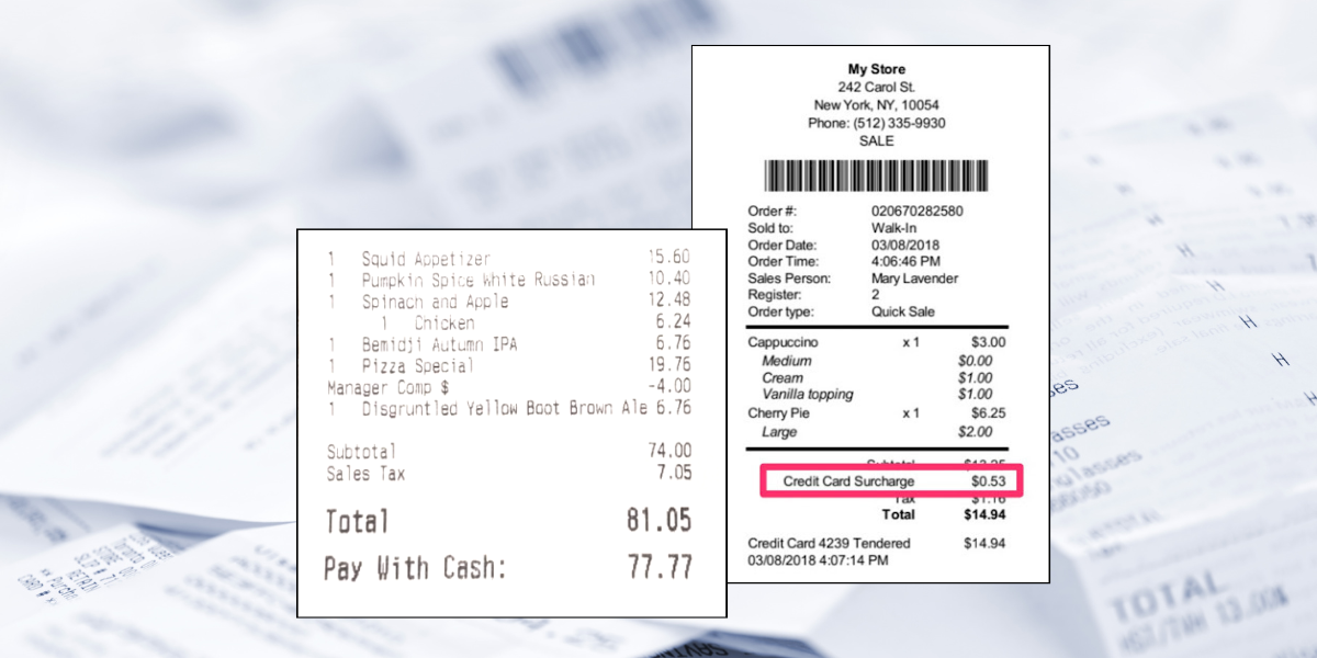 A dual pricing receipt shows a lower cash price while a surcharge receipt shows an added line item charge