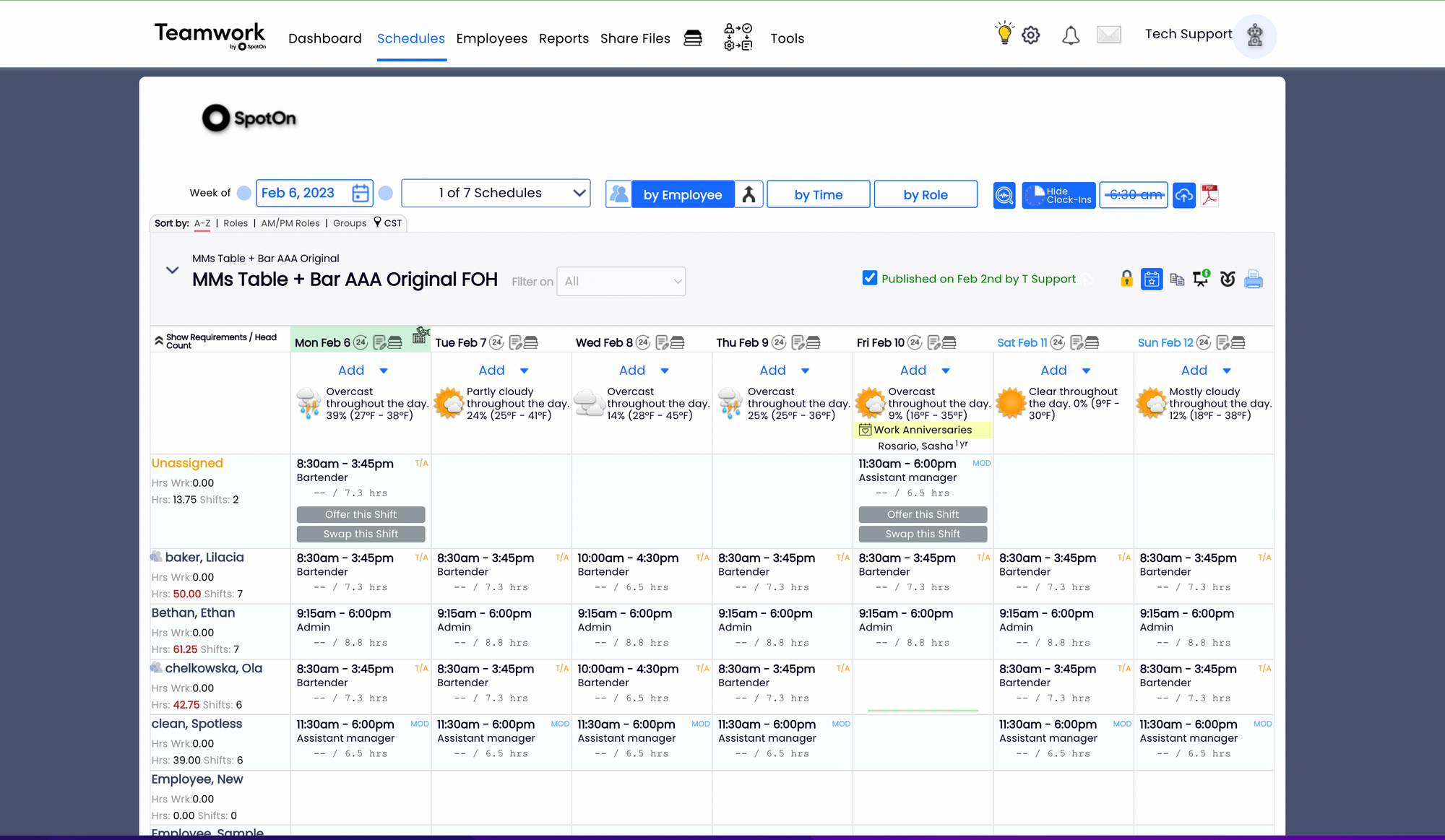 SpotOn Teamwork restaurant labor management software interactive scheduling calendar