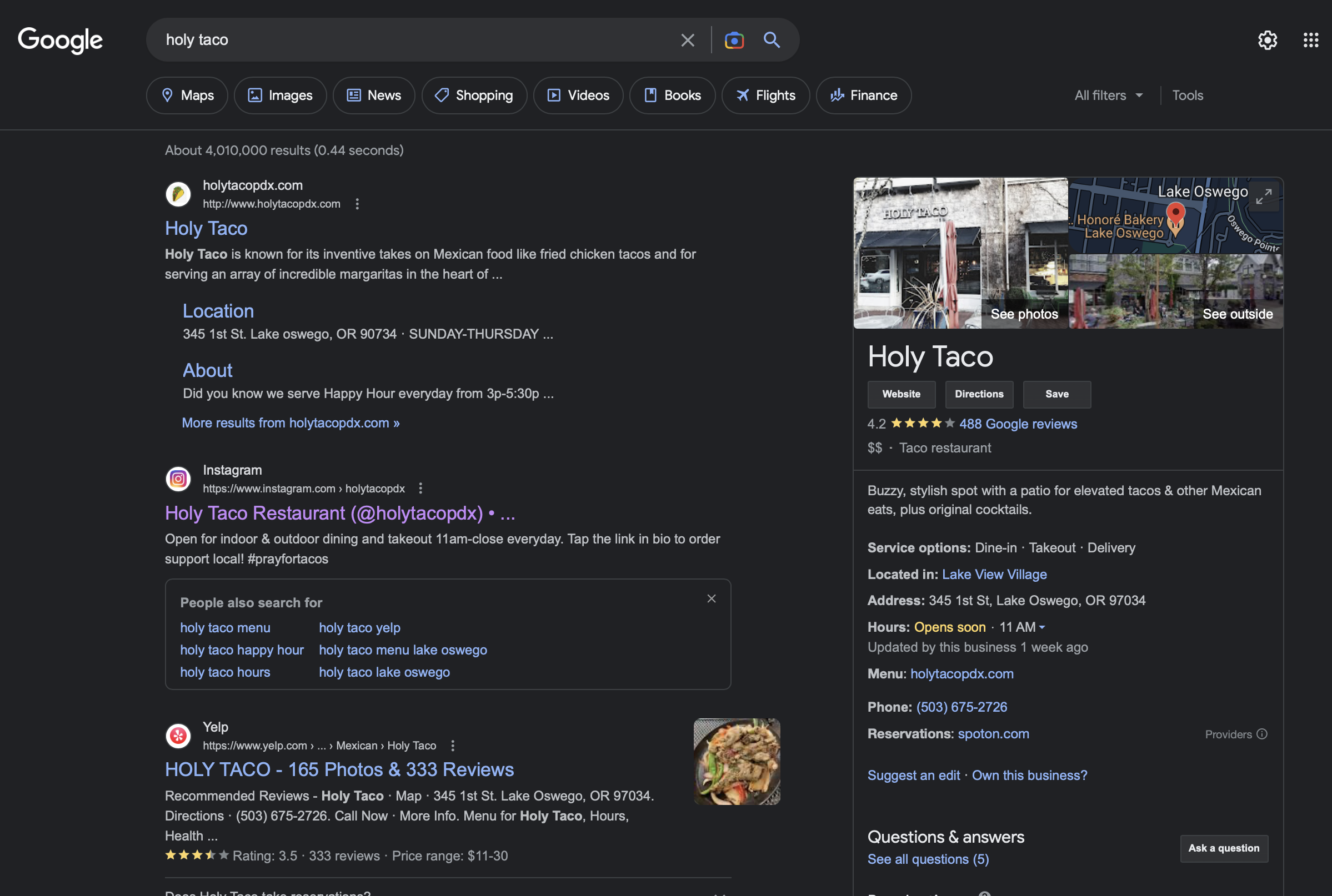 Screenshot of a Google search, with Holy Taco Yelp, restaurant website, and their Google Business Account.