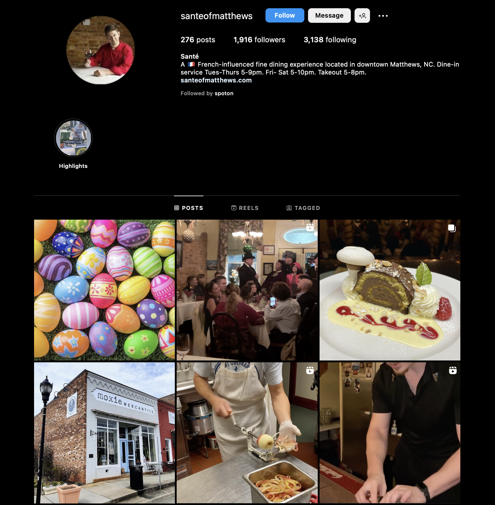 Screenshot of a restaurant Instagram page for Santé, with images of different food, events, and chefs.