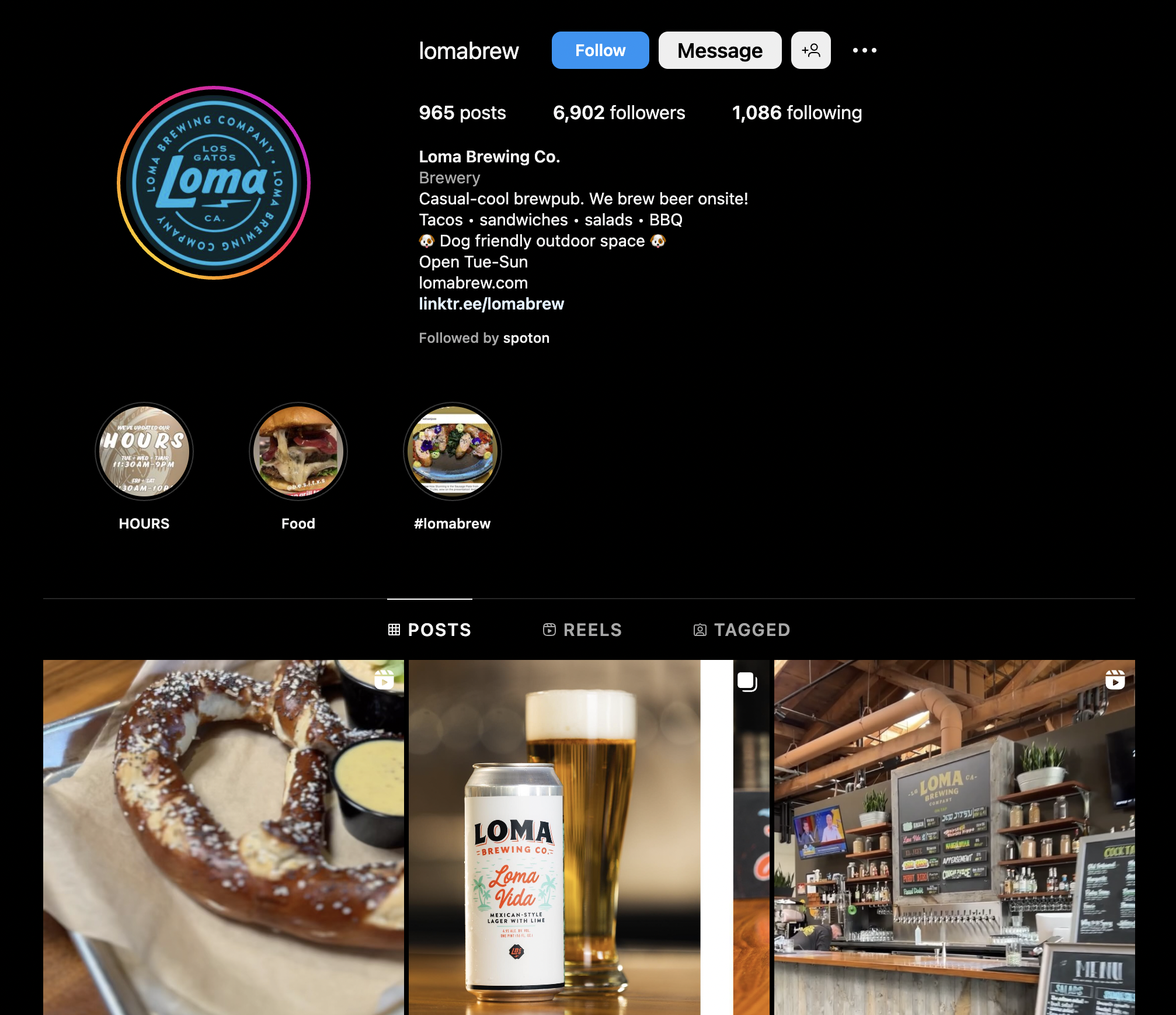 A screenshot of Loma Brewing Company Instagram page, with photos of beer food, craft beer, and a beer menu.