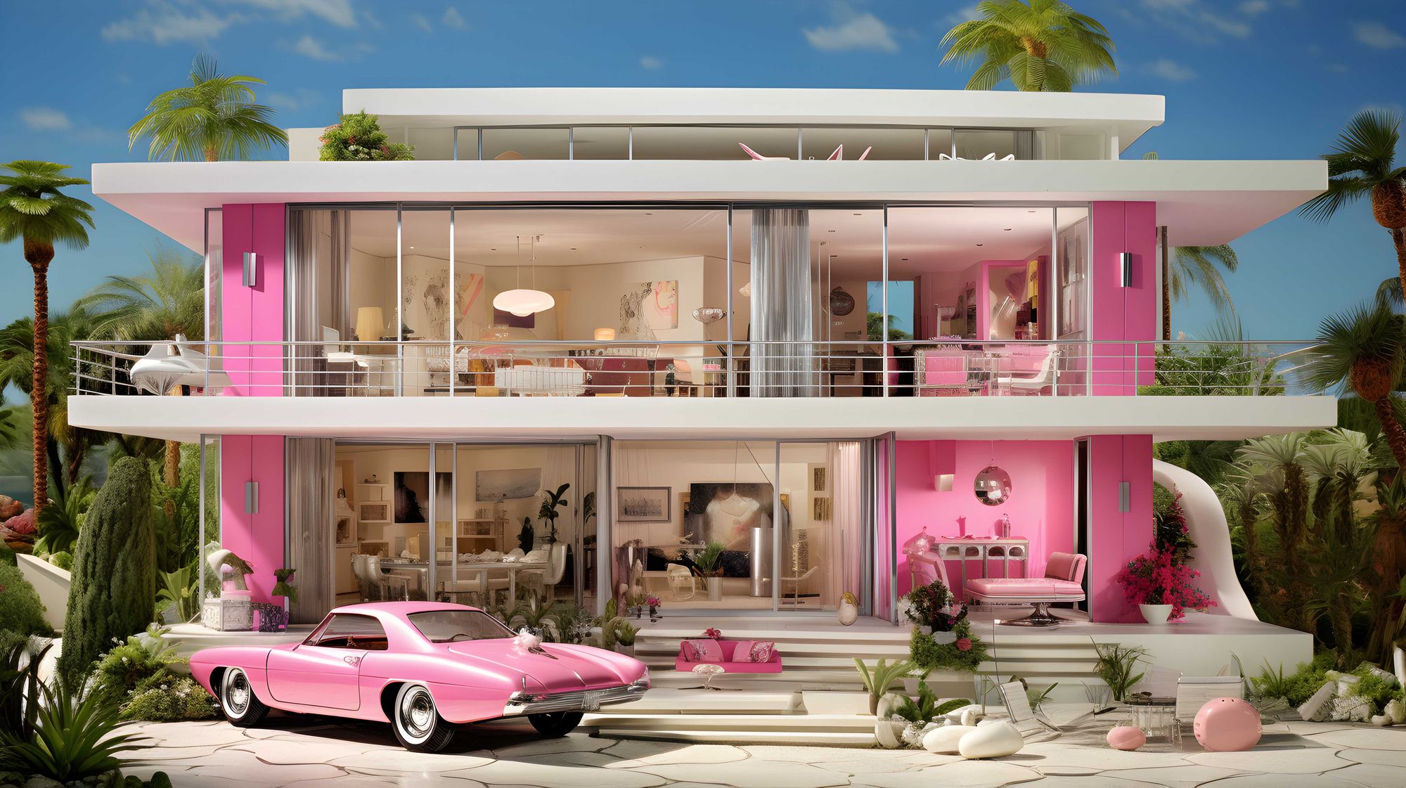 A pink model doll house and car
