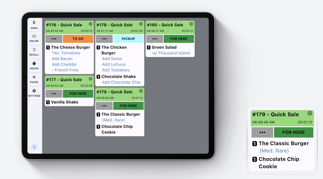 A kitchen display screen displays prioritized ticket orders on a touchscreen monitor