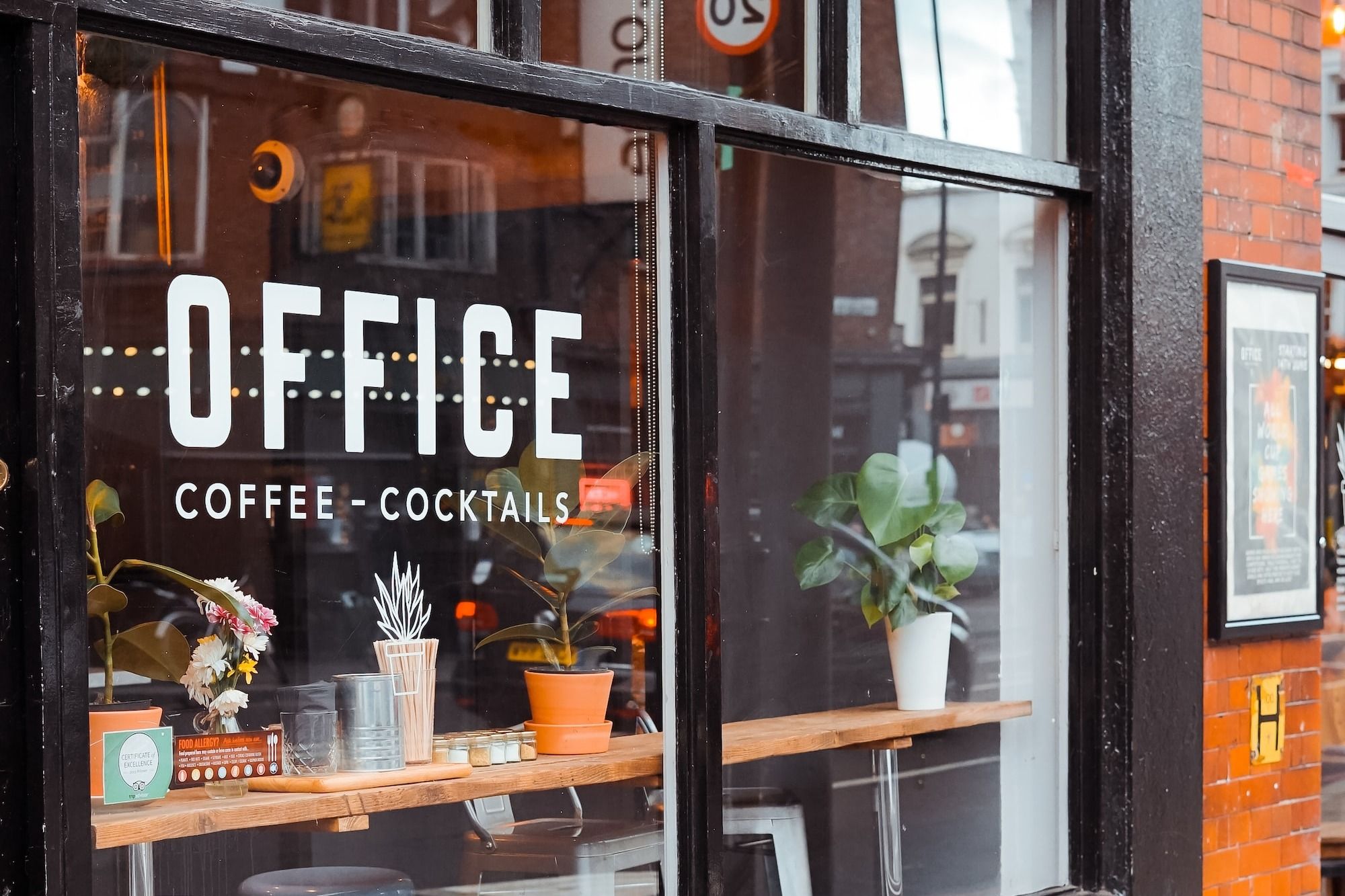 Coffee shop window with the words "Office Coffee - Cocktails"