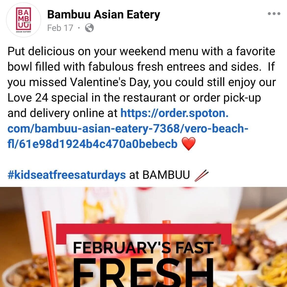 Bambuu Asian Eatery posts restaurant ads on Facebook.