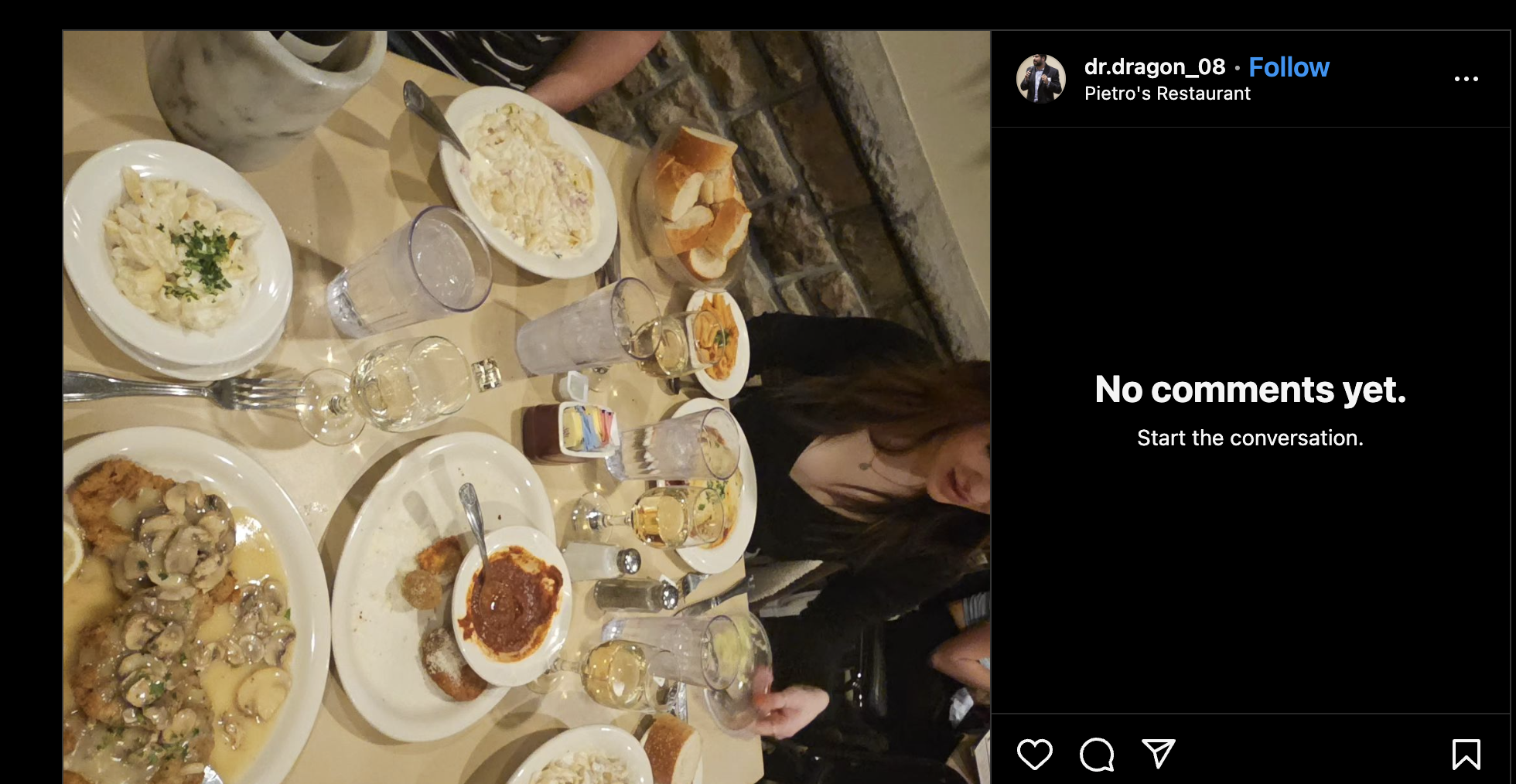 Instagram image of food from Pietro's dinner.