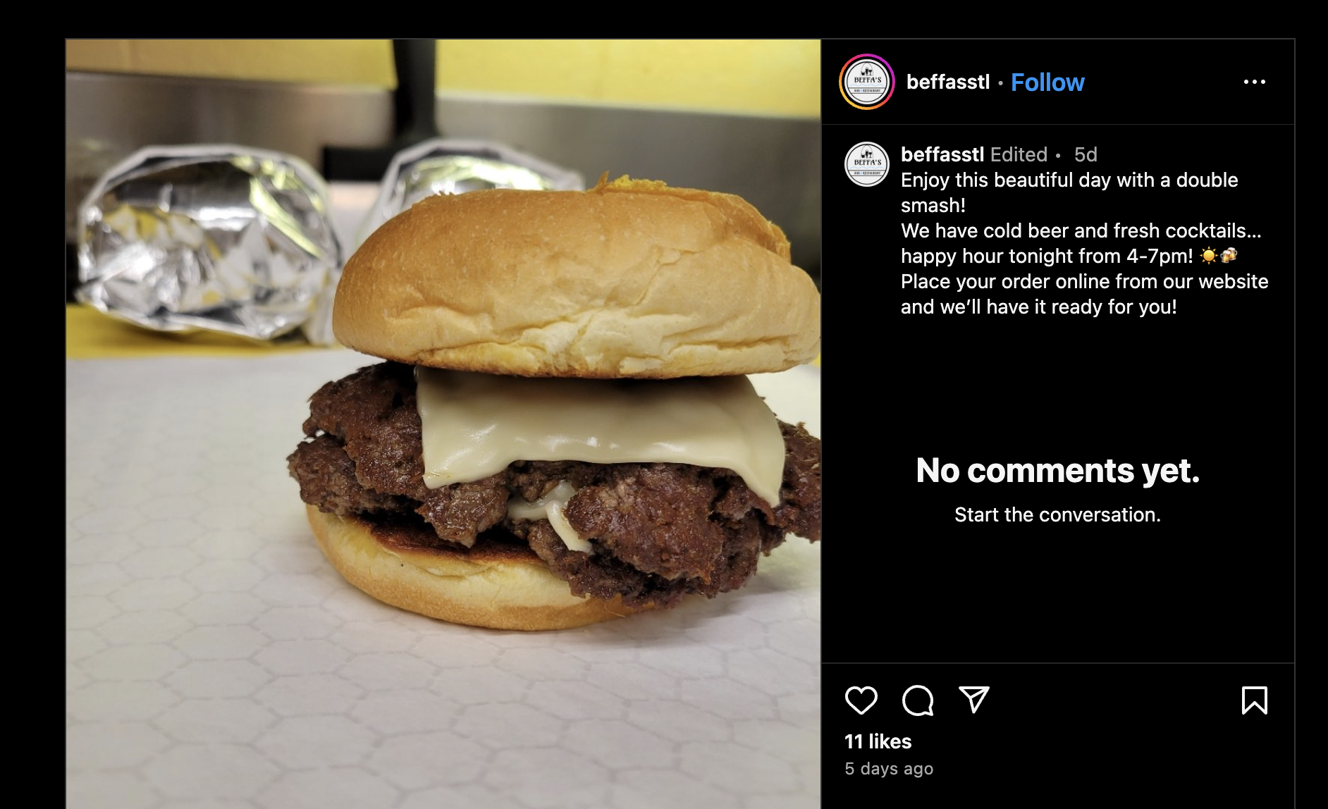 Instagram screenshot of double smash burger from Beffa's Bar and Restaurant page in Saint Louis Missouri