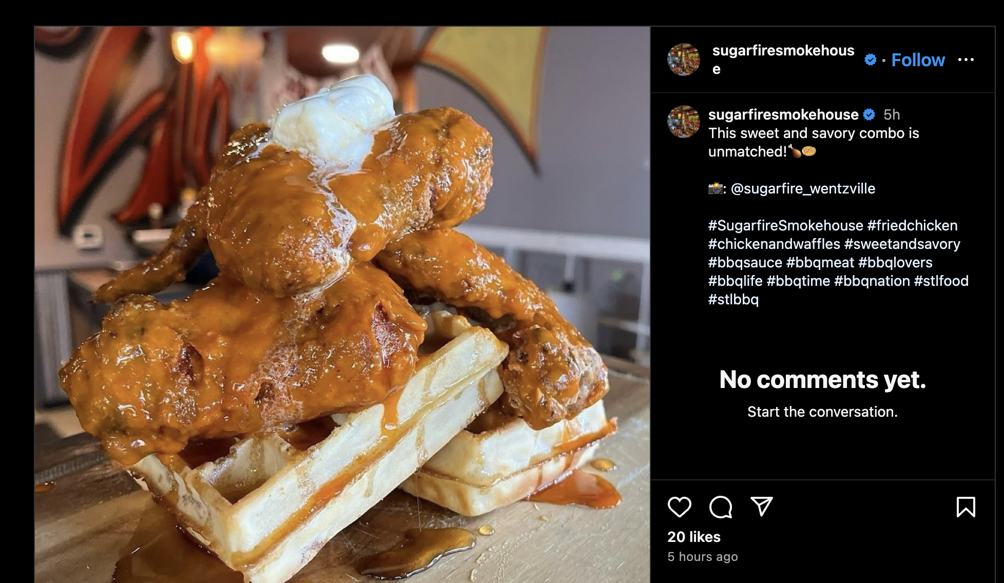 Image of friend chicken and waffles from Sugarfire Smokehouse restaurant in Saint Louis MO