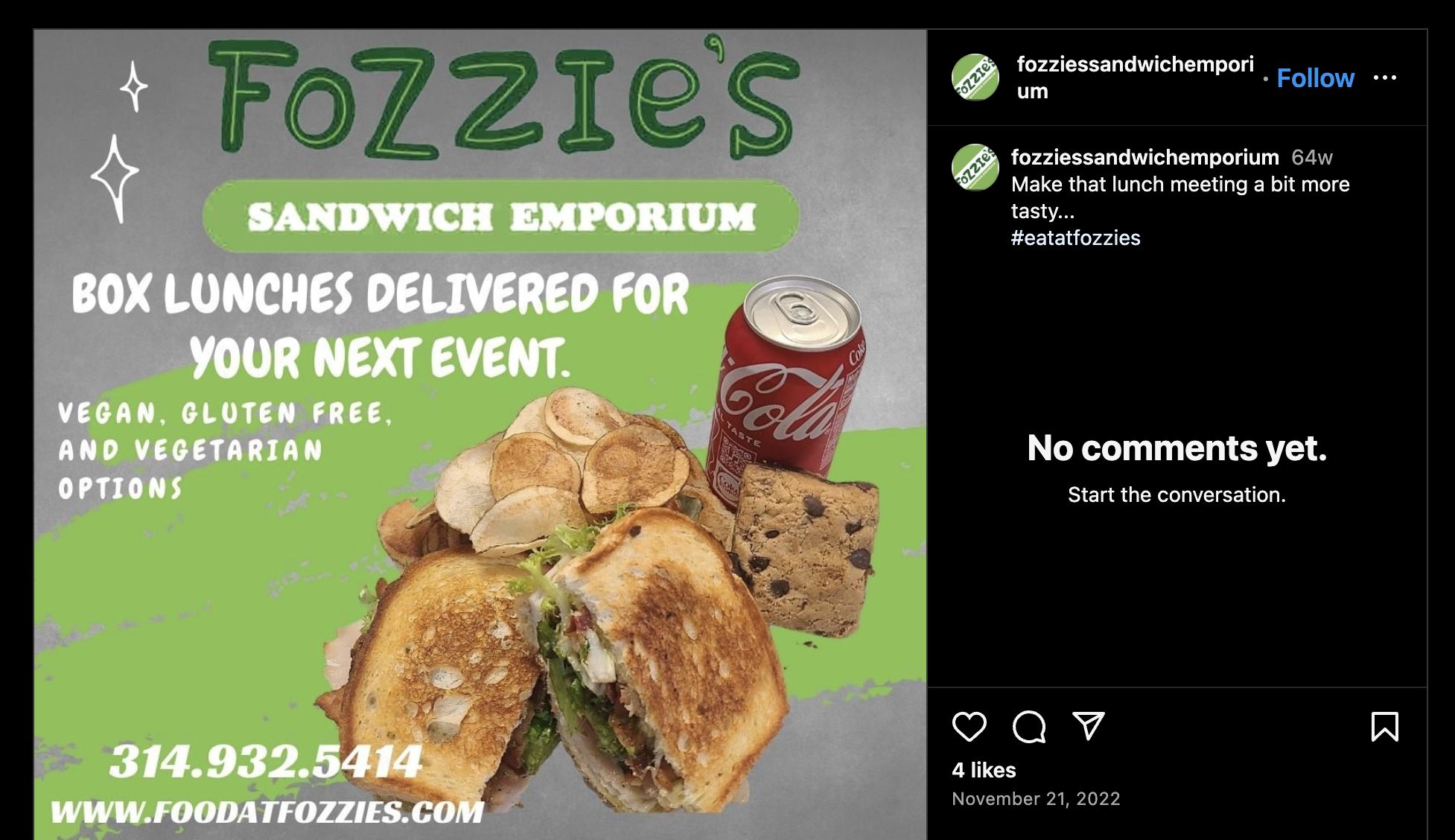 Instagram screenshot of sandwich from Saint Louis with Coke, cookie, chips, and a sandwich for delivery or takeout.