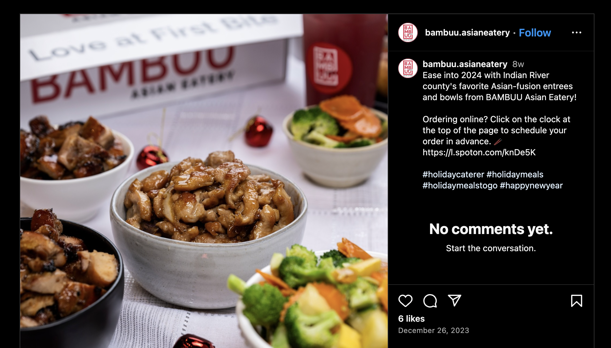 Bambuu Asian Eatery's Instagram post promoting online ordering.