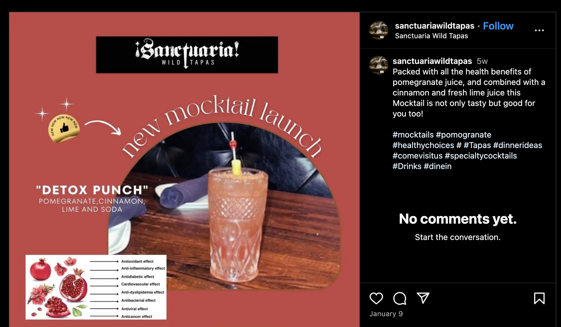 Image from Instagram of Sanctuaria Wild Tapas drink mocktail in Saint Louis.