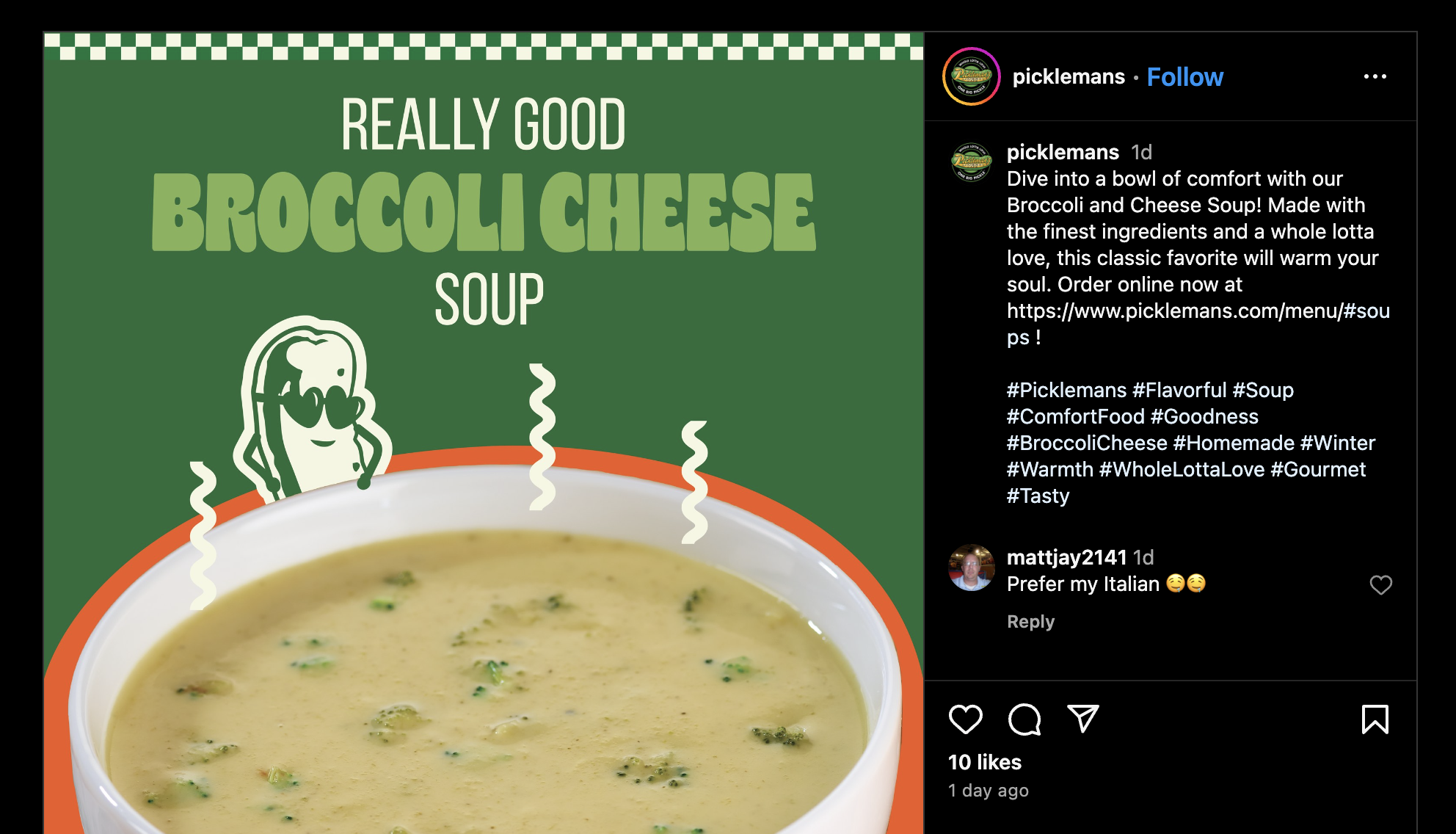 Instagram screenshot of broccoli cheese soup from Pickleman's Gourmet Cafe in St. Louis, MO