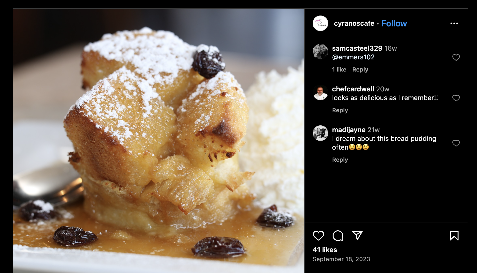 Delicious food dessert screenshot image from Cyrano's Cafe Instagram page in Saint Louis Missouri