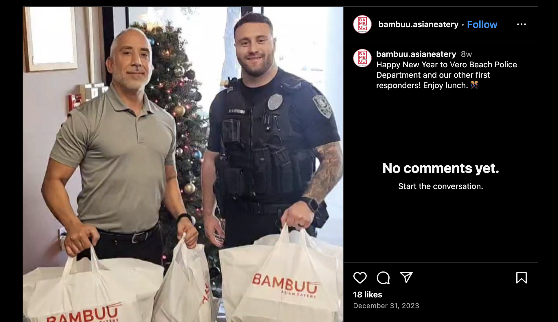 Bambuu Asian Eatery's Instagram post highlighting community efforts.