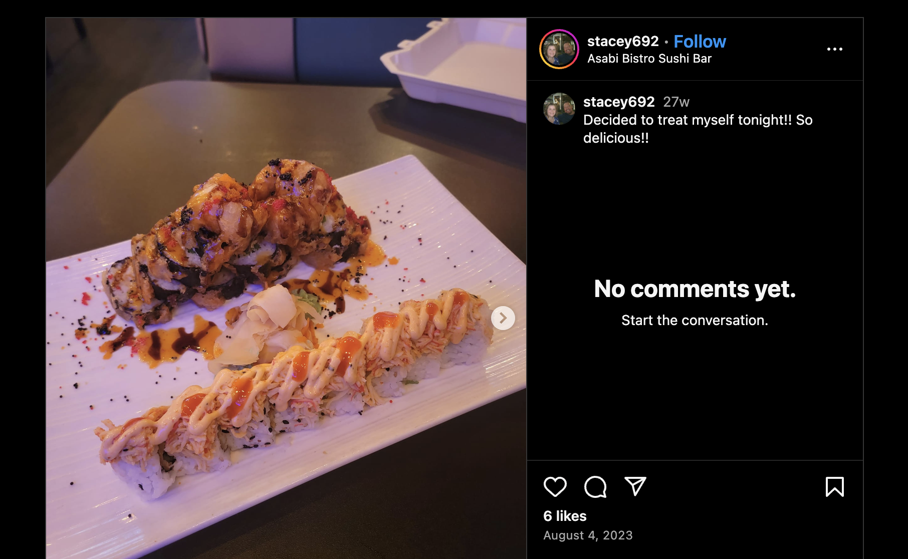 Instagram screenshot of sushi from saint louis restaurant Asabi Bistro