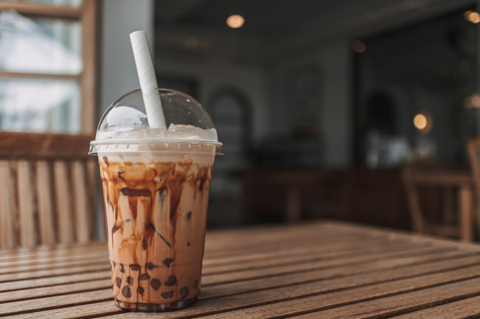 Boba tea drink coffee shop on a table counter.