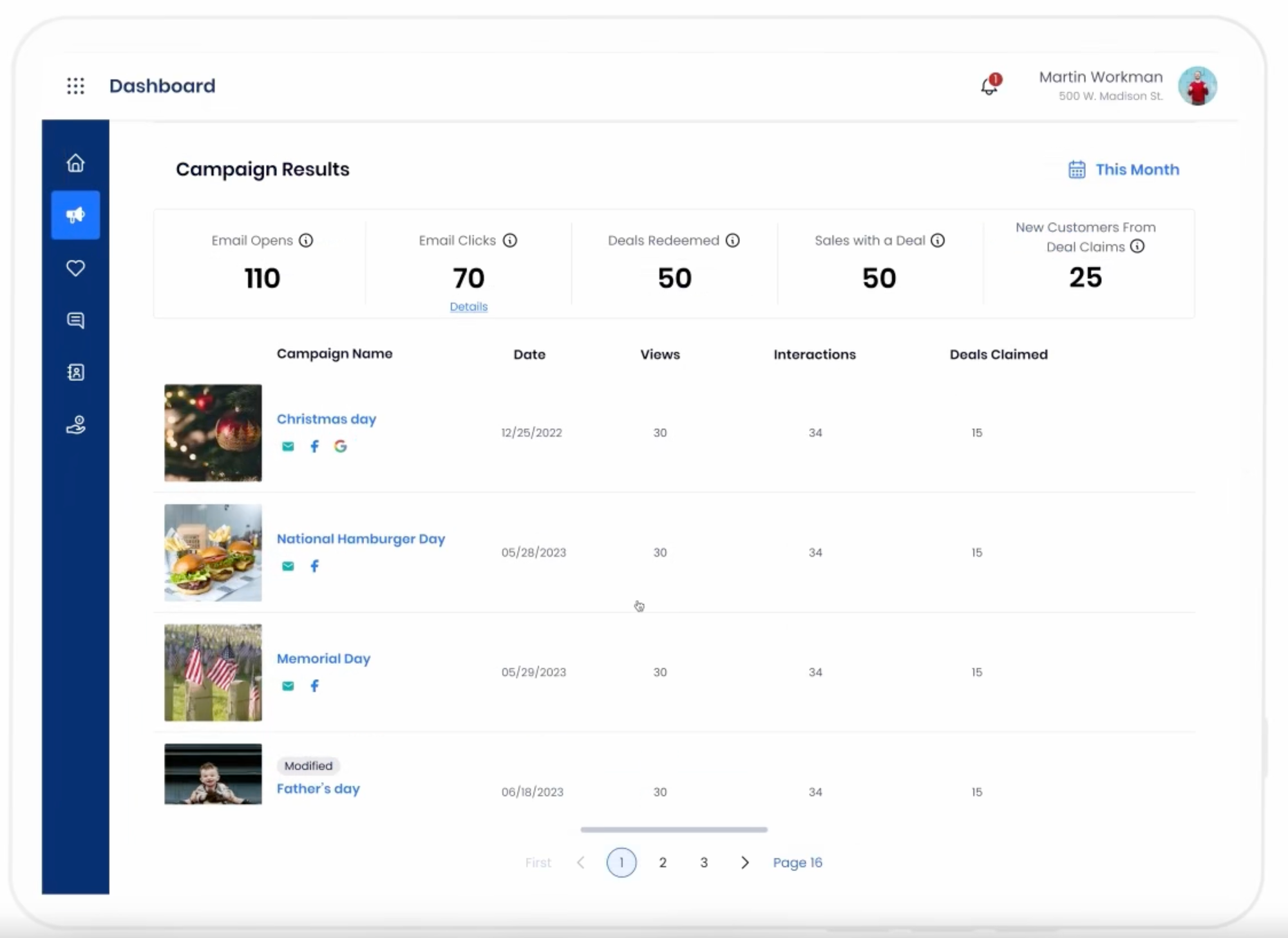 A screenshot from the SpotOn Marketing dashboard displaying campaign results.
