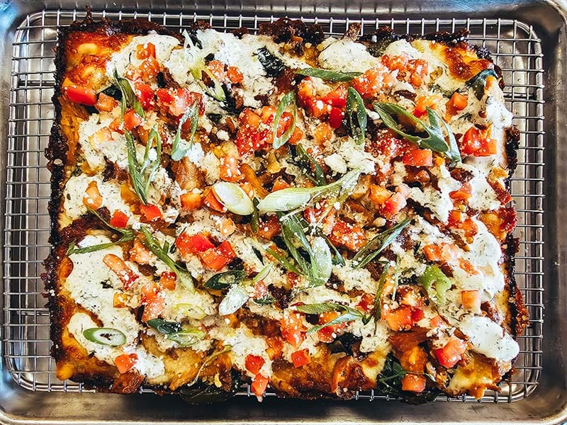 Top view of a gourmet pizza from R Town Pizza