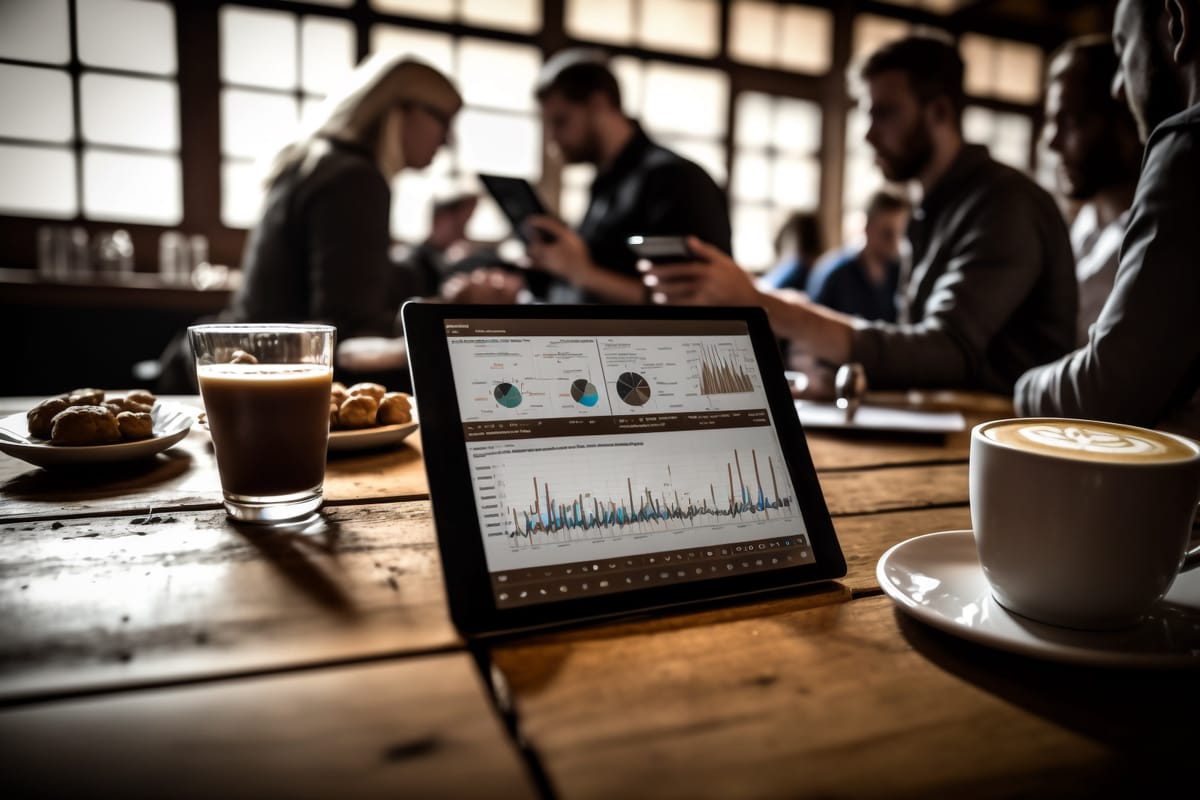 Restaurant industry statistics on an iPad at a table at a coffee shop.