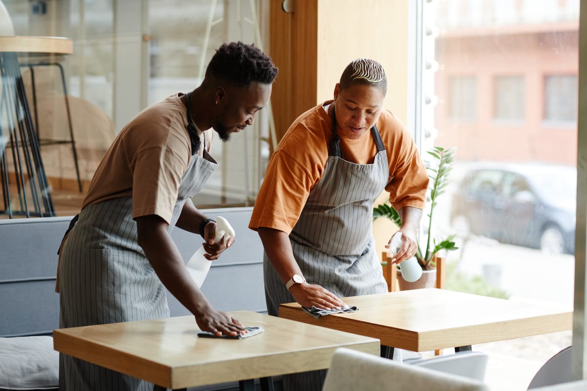 Two restaurant workers doing their sidework after close.