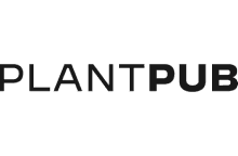 Company name on transparent background with capital letters "PLANTPUB" - first five letters are grey and the others are black