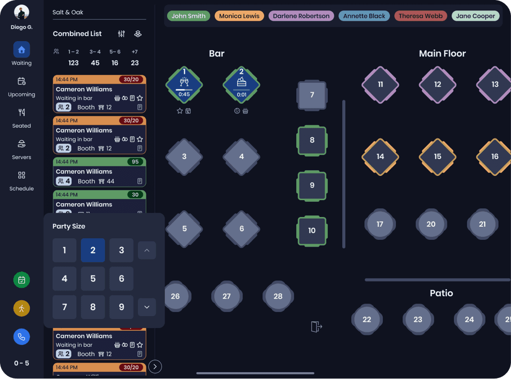 SpotOn Reserve host app screen showing workflow of adding a new reservation