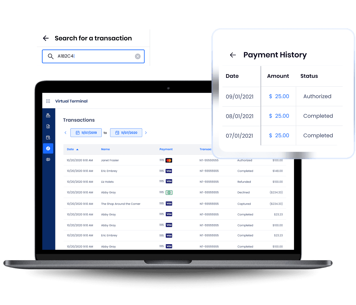 Payment history interface showing transactions from 2021 with search functionality and detailed payment status tracking