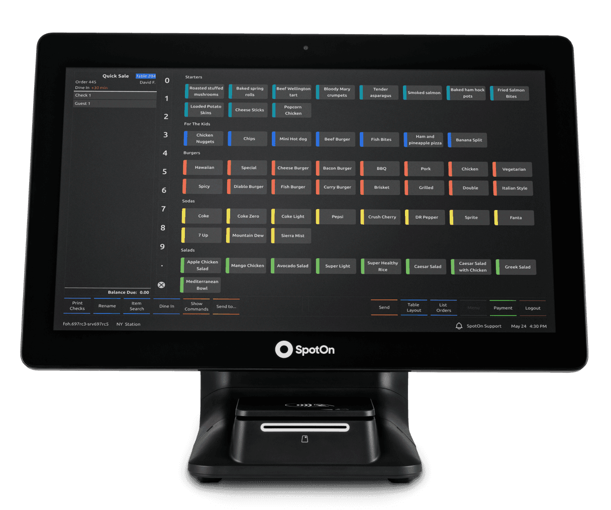 Restaurant point-of-sale system displaying comprehensive menu categories including starters, burgers, and beverages in a dark mode interface