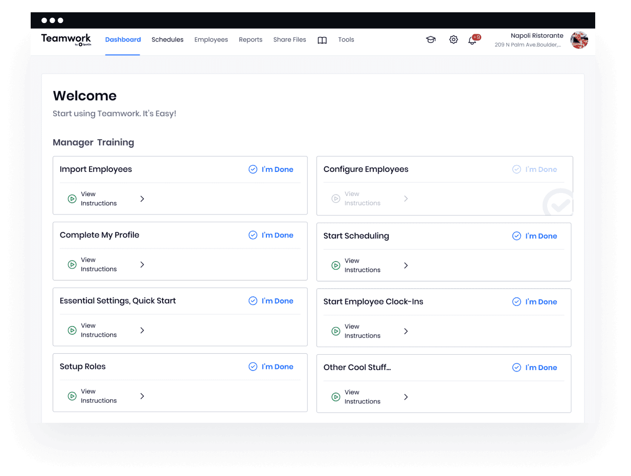 Teamwork dashboard for Napoli Ristorante showing manager training checklist with completed tasks including employee import, profile setup, and scheduling configuration