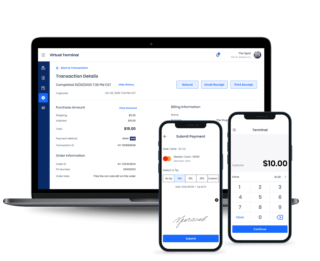 Transaction details interface showing $15.00 purchase with Visa card ending in 4444, including refund and receipt options