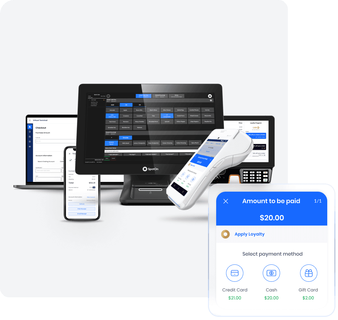 Integrated point-of-sale system showing mobile app, tablet interface, and payment terminal with $20.00 transaction screen and multiple payment options