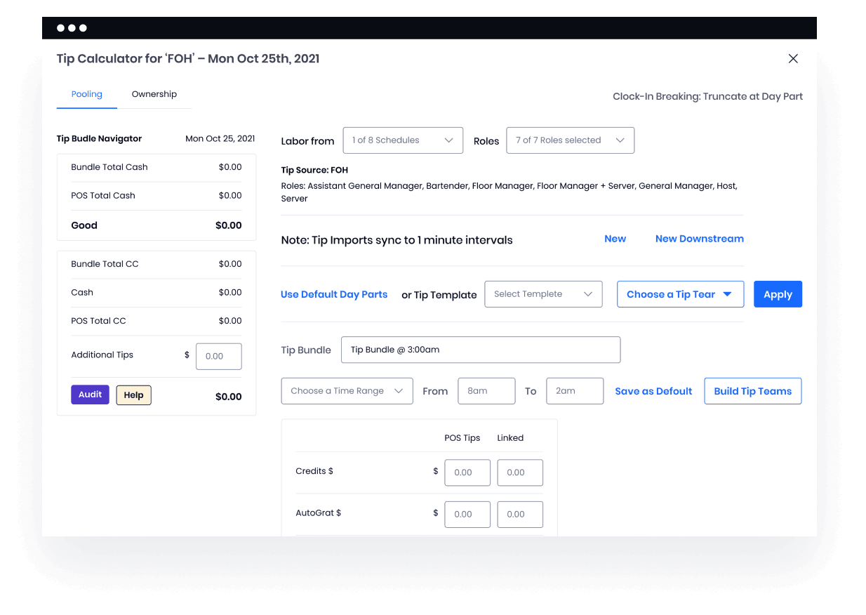 Tip calculator interface for FOH staff showing detailed distribution settings, role selection for 7 positions, and time range configuration from 8am to 2am