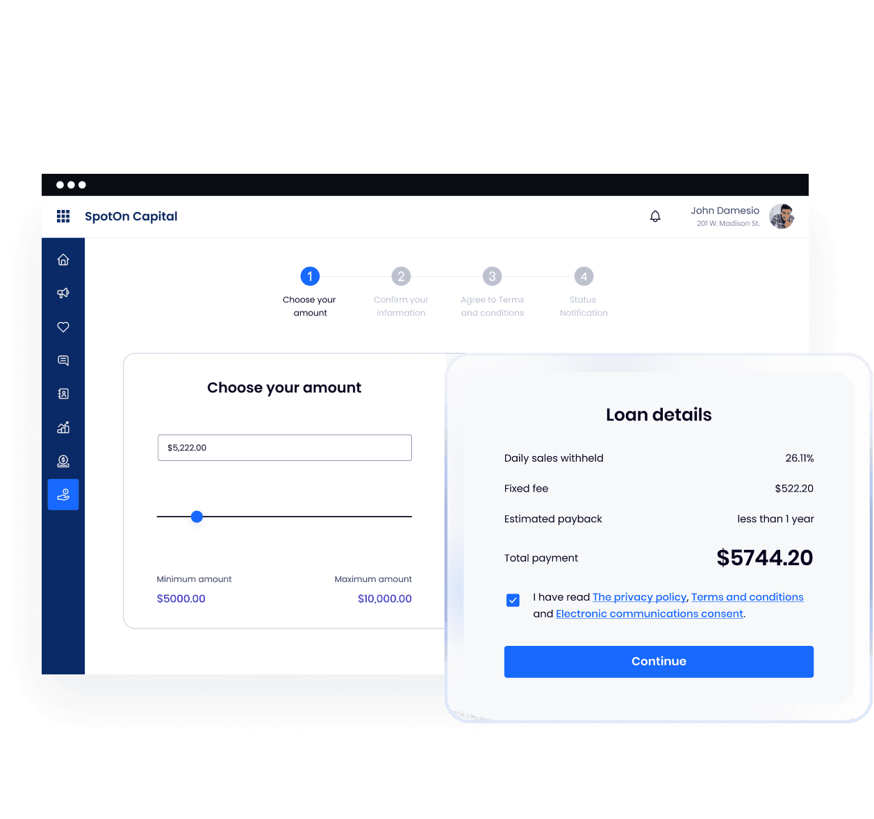SpotOn Capital loan application interface with amount selector and detailed terms including daily withholding rate and fixed fees