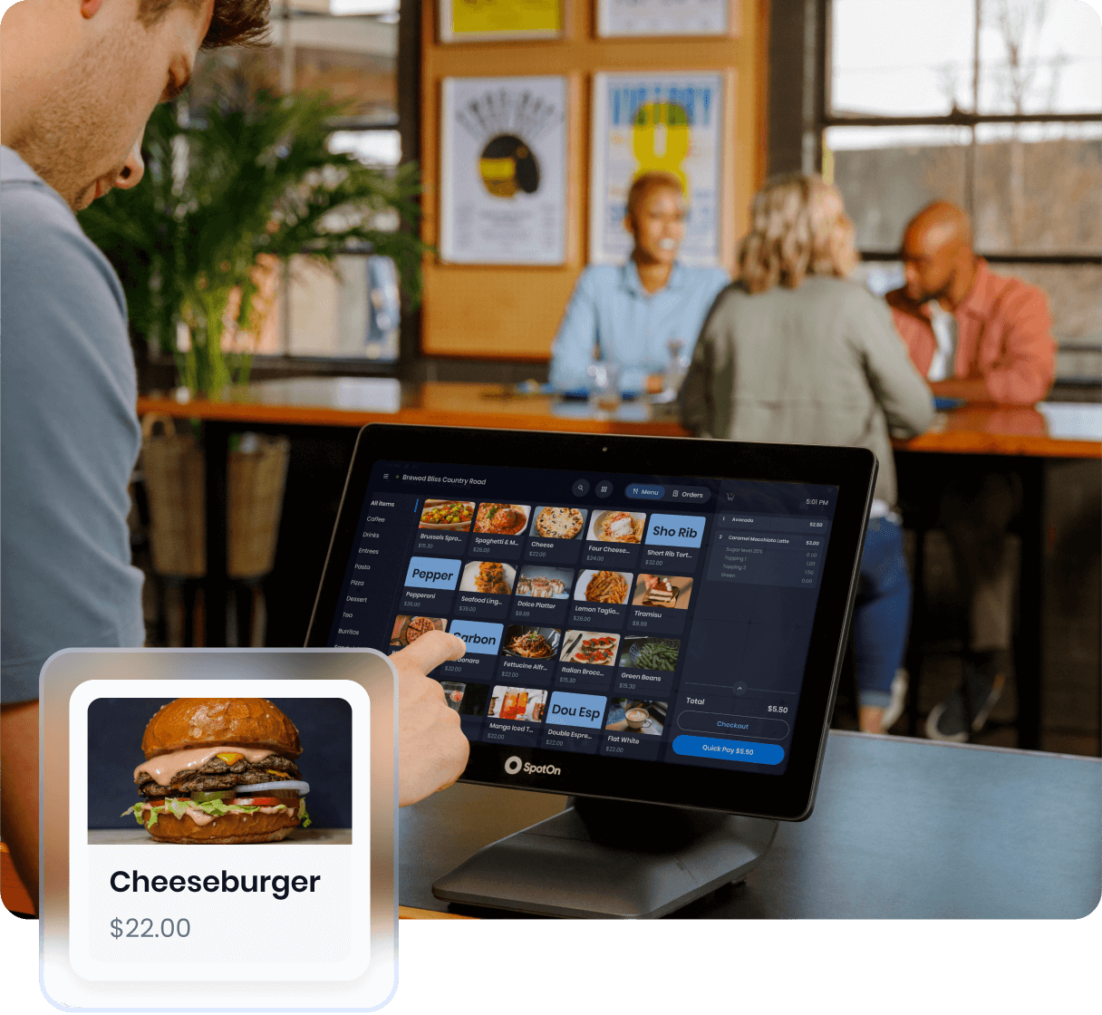 Restaurant point-of-sale system showing digital menu interface with a $22.00 cheeseburger and various menu categories in dark mode