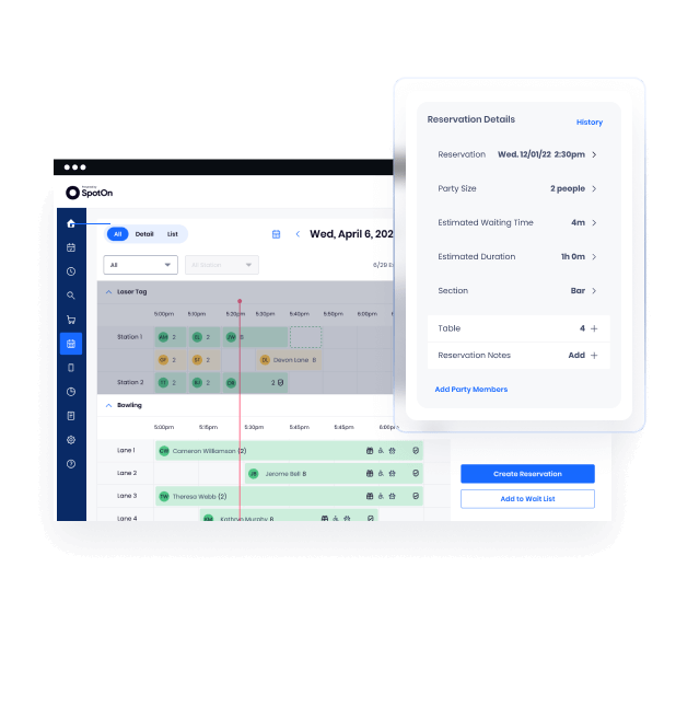 Reservation management system showing 3-person party details with 4-minute wait time and 15-minute estimated duration for bar section
