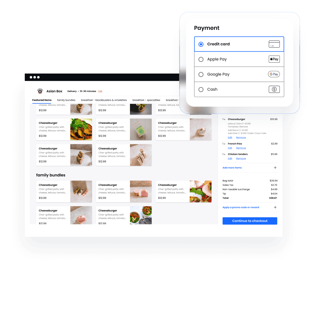 Payment selection interface displaying credit card, cash, and gift card options, each priced at $20.00