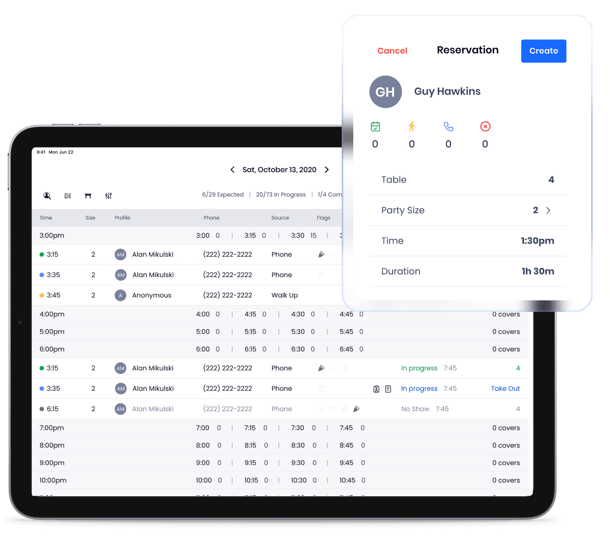 Restaurant reservation system displaying daily schedule for October 13, 2020 with time slots, party sizes, and reservation details including new booking interface for Guy Hawkins