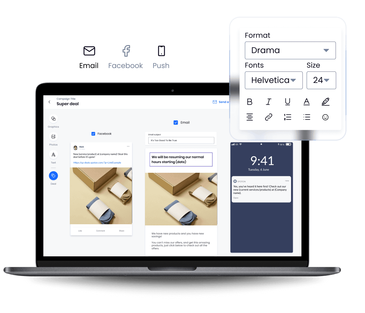 Marketing campaign creator interface showing email, Facebook, and push notification options with text formatting tools
