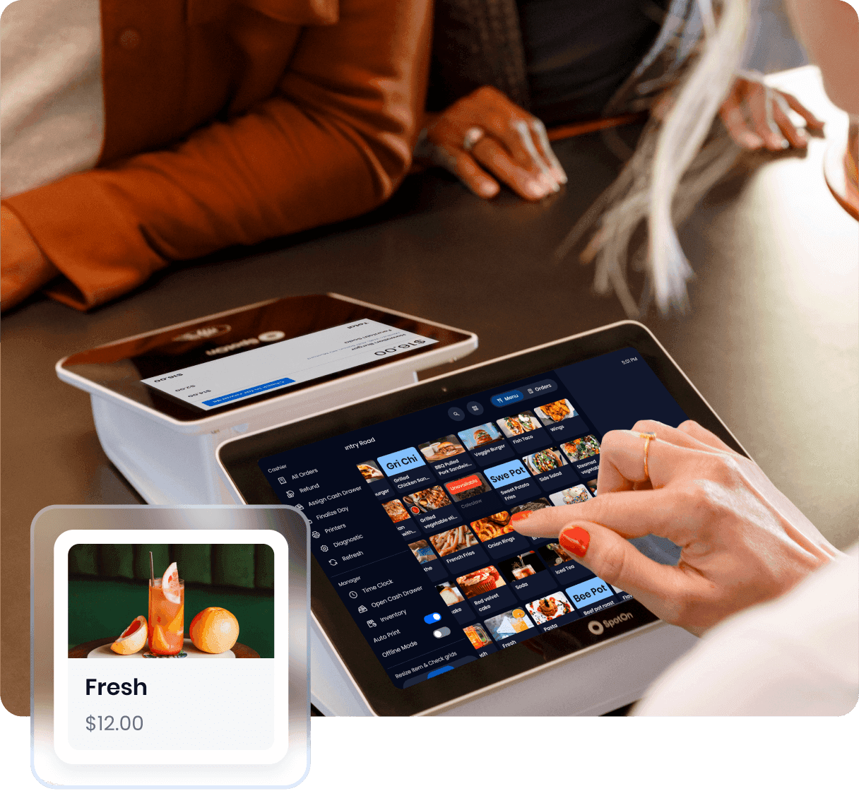 SpotOn tablet POS displaying menu items with featured Fresh drink promotion for $12.00, showing citrus beverage with orange garnish